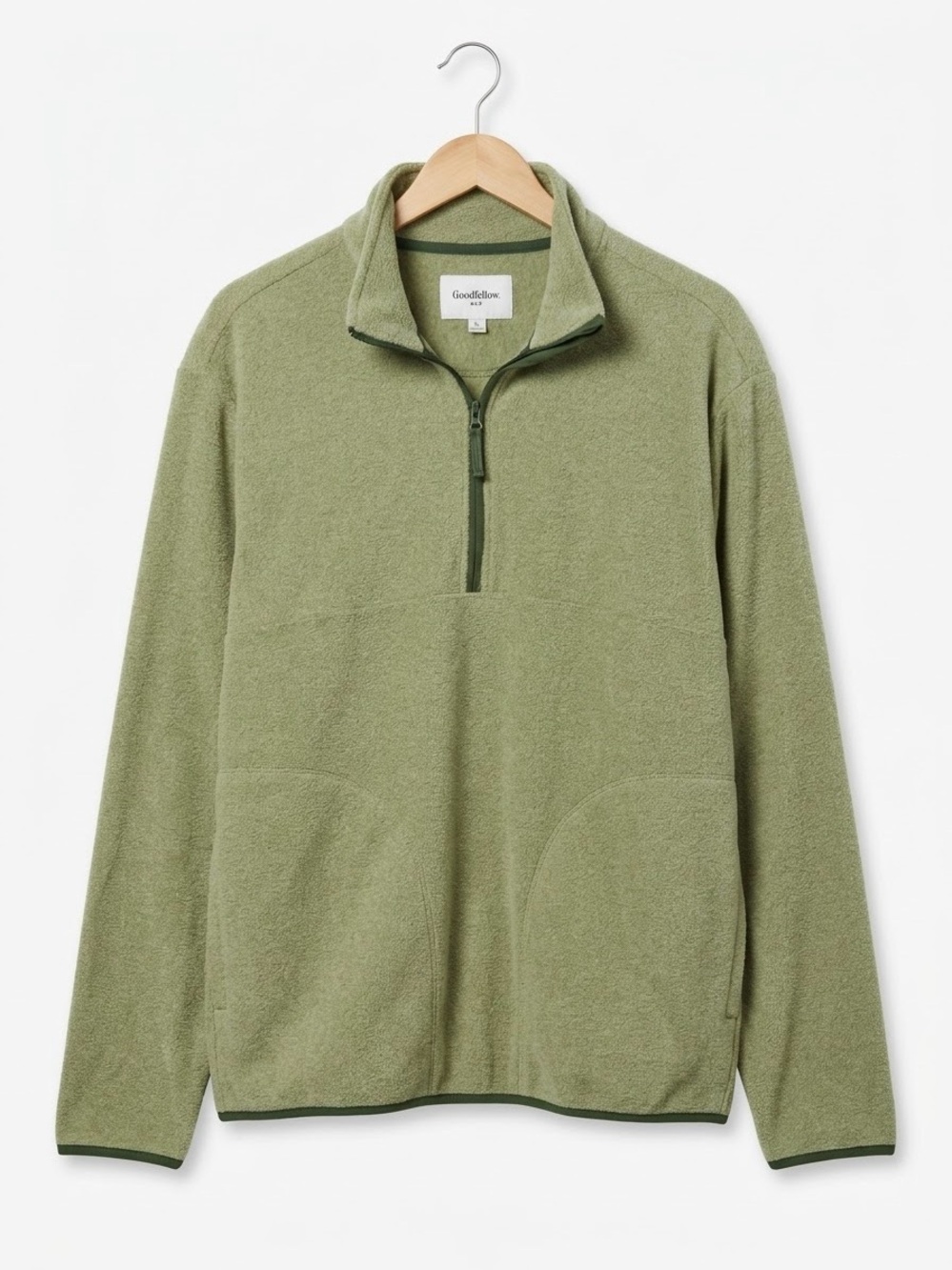 NWT Goodfellow & Co Men’s Green Fleece Quarter Zip Pullover Dark  Trim Pockets